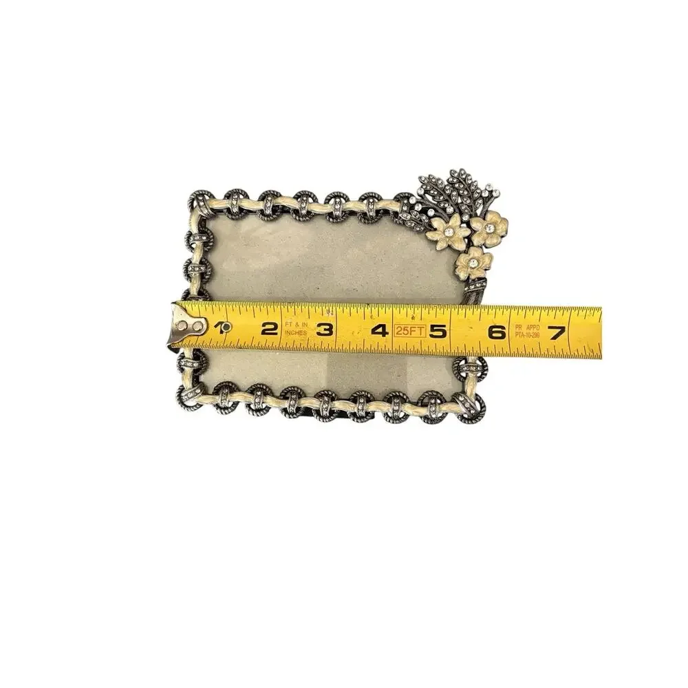 Vintage Rhinestone Floral Photo Frame Silver Tone Ivory Enamel 4x6 Cottage Chic